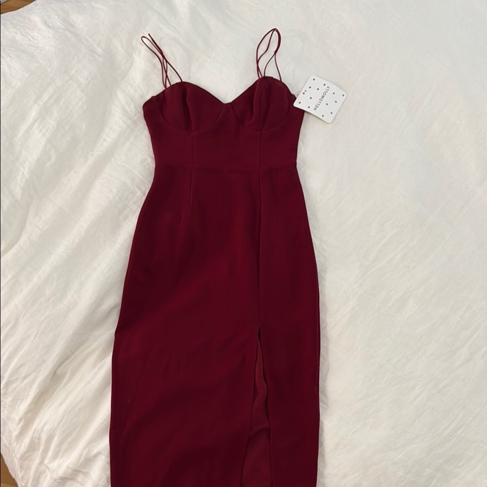 Hello Molly Red Ribbed Sheath Midi Dress